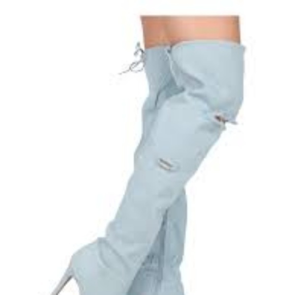Wild Diva Peep Toe Light Denim Over the Knee Boots - Picture 2 of 8